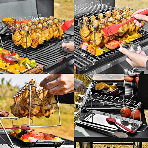 ENINFUT Chicken Leg Wing Grill Rack, 14 Slots BBQ Chicken Drumsticks Stainless Steel Roaster Stand for Smoker or Oven, with Silicone Mitts, Brush, Clip and Drip Pan, Collapsible Dishwasher Safe