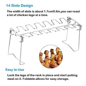 ENINFUT Chicken Leg Wing Grill Rack, 14 Slots BBQ Chicken Drumsticks Stainless Steel Roaster Stand for Smoker or Oven, with Silicone Mitts, Brush, Clip and Drip Pan, Collapsible Dishwasher Safe