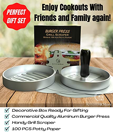 Kitchen RMore Burger Press + Pocket Grill Scraper + 100 Patty Paper + Recipe EBook | Non-Stick Aluminum Hamburger Press Patty Maker for Perfect Meat Patties, Veggie Burgers, Salmon Patties