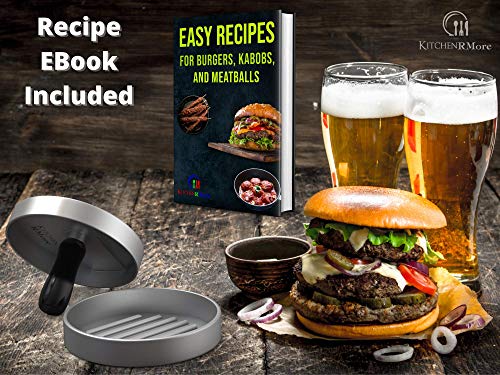 Kitchen RMore Burger Press + Pocket Grill Scraper + 100 Patty Paper + Recipe EBook | Non-Stick Aluminum Hamburger Press Patty Maker for Perfect Meat Patties, Veggie Burgers, Salmon Patties