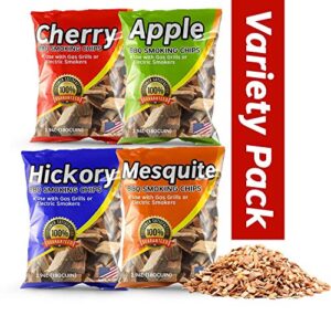 wood chips for smoking variety pack, 2 lbs each, apple, mesquite, hickory & cherry flavor wood chips for smokers & grills, bake, roast, braise and bbq, 4-pack | usa made