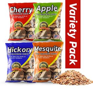 Wood Chips for Smoking Variety Pack, 2 Lbs Each, Apple, Mesquite, Hickory & Cherry Flavor Wood Chips for Smokers & Grills, Bake, Roast, Braise and BBQ, 4-Pack | USA Made