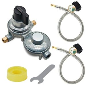 2-Stage Auto-Changeover LP Propane Dual Tank Pressure Regulators, 18 Inch Pigtail Hoses Stainless Steel Braided with Gauge (2 Pcs) 1/4" Inverted Male Flare / QCC1 Fitting for RVs,Trailers, Camper
