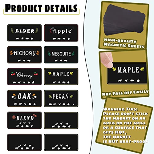 12 Pack Pellet Hopper Magnet Labels Pellet Grill Guide Magnet Traeger Wood Pellet Bin Labels & Hopper Magnets Essential BBQ Smoker Accessories Magnetic Pellets Markers