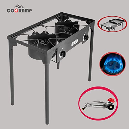 COOKAMP High Pressure Double Propane Burner Outdoor Camping Stove with 0-20 PSI Adjustable Regulator and Steel Braided Hose SA2500