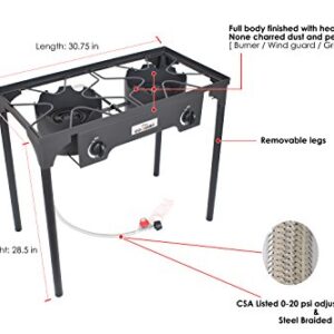 COOKAMP High Pressure Double Propane Burner Outdoor Camping Stove with 0-20 PSI Adjustable Regulator and Steel Braided Hose SA2500