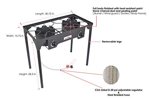 COOKAMP High Pressure Double Propane Burner Outdoor Camping Stove with 0-20 PSI Adjustable Regulator and Steel Braided Hose SA2500