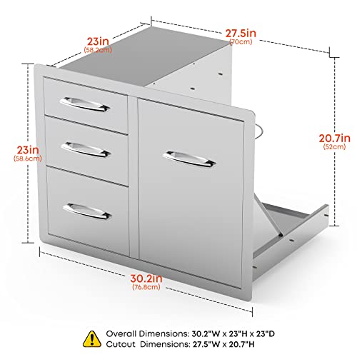 Stanbroil Outdoor Kitchen Stainless Steel Combo Propane Tank Tray with Trash Bag Ring & Triple Drawer, 30-Inch