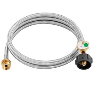 wadeo 6 ft stainless steel braided propane adapter hose with propane tank gauge, 1 lb to 20 lb converter for qcc1 / type1 lp tank to 1 lb propane stove, tabletop grill and more 1lb portable appliance