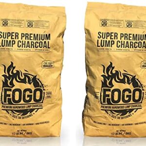 FOGO Super Premium Hardwood Lump Charcoal, Natural, Large Sized Lump Charcoal for Grilling and Smoking, Restaurant Quality, 17.6 Pound Bag, 2-Pack