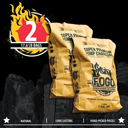 FOGO Super Premium Hardwood Lump Charcoal, Natural, Large Sized Lump Charcoal for Grilling and Smoking, Restaurant Quality, 17.6 Pound Bag, 2-Pack