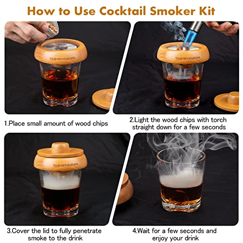 Cocktail Smoker Kit with Torch, Old Fashioned Smoker Kit for Bourbon Whiskey Drink, with 4 Different Flavor Wood Smoker Chips, Vodka/Gin/Tequila/Rum Liquor Gifts for Whiskey Lovers, Father(No Butane)