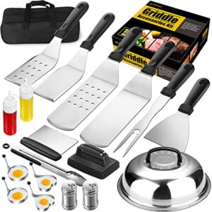 griddle accessories kit, 19 pcs flat top grill accessories set for blackstone and camp chef, griddle tools set with basting cover, spatula, scraper, bottle, tongs, egg ring for outdoor bbq and camping