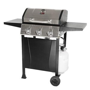 grill boss gbc1932m outdoor bbq 3 burner propane gas grill for barbecue cooking with top cover lid, wheels, & side shelves, black