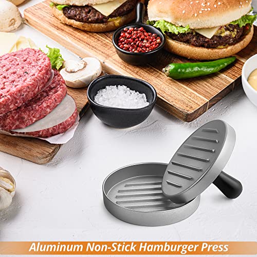 Hamburger Patty Press Non Stick - Surfaces Clean Easily Adjustable Aluminum Mold Flat Round Shaper with 110 Paper Sheets Essential Tool to Make Beef Veggie Burger