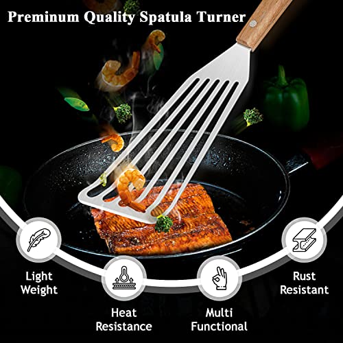 IOCBYHZ Fish Spatula 12.4" Stainless Steel Cooking Utensil, Kitchen Slotted Turner, Fish Turner Spatula, Metal Slotted Spatula with Wood Handle Great for Egg/Meat Turning, Griddles & Grill Accessories
