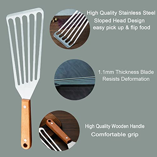 IOCBYHZ Fish Spatula 12.4" Stainless Steel Cooking Utensil, Kitchen Slotted Turner, Fish Turner Spatula, Metal Slotted Spatula with Wood Handle Great for Egg/Meat Turning, Griddles & Grill Accessories