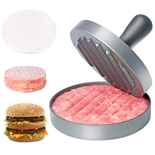 Asdirne Hamburger Press Patty Maker, Food Grade Aluminum Burger Press with ABS Handle, Non-Stick, Easy to Clean, with 50 Pcs Wax Patty Paper, 4.6" Diameter and 0.7" Depth