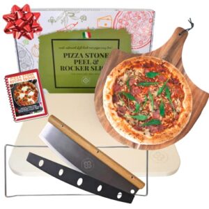 ritual life pizza stone for oven and grill with wooden pizza peel paddle & pizza cutter set – detachable serving handles – bbq grilling accessories – baking supplies – 15 inch x 12 inch large stone
