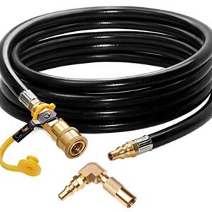 DOZYANT 12ft RV Propane Quick Connect Hose with Elbow Conversion Fitting for Blackstone 17inch and 22inch Table Top Griddle - 1/4 inch Safety Shutoff Valve & Male Full Flow Plug