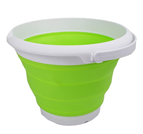 SAMMART Collapsible Plastic Bucket - Foldable Tub - Portable Fishing Water Pail - Space Saving Outdoor Waterpot (White/Grass Green, 8.5L Round)