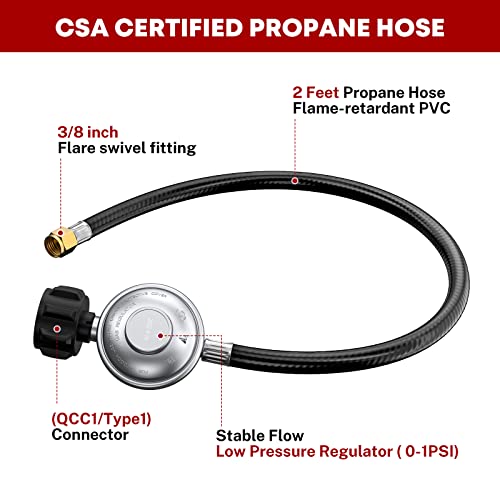 PatioGem Propane Regulator with Hose, 2FT Propane Hose with Regulator, Low Pressure Propane Grill Regulator and Hose, 0-1Psi Propane Gas Regulator, Gas Grill Regulator, Propane Hose for Propane Grills