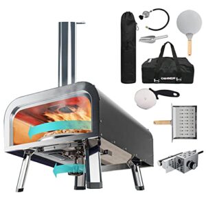 pizza oven outdoor,13″ multi-fuel rotatable pizza ovens,portable wood fired and gas pizza oven,stainless steel 3-layer oven,pizza maker with built-in thermometer,pizza cutter & carry bag