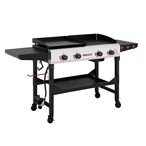 Royal Gourmet GD403 4-Burner Portable Flat Top Gas Griddle Combo Grill with Folding Legs, 48,000 BTU, for Outdoor Cooking While Camping or Tailgating, Black & Silver