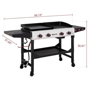 Royal Gourmet GD403 4-Burner Portable Flat Top Gas Griddle Combo Grill with Folding Legs, 48,000 BTU, for Outdoor Cooking While Camping or Tailgating, Black & Silver