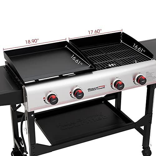 Royal Gourmet GD403 4-Burner Portable Flat Top Gas Griddle Combo Grill with Folding Legs, 48,000 BTU, for Outdoor Cooking While Camping or Tailgating, Black & Silver