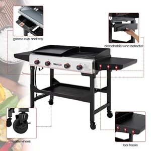 Royal Gourmet GD403 4-Burner Portable Flat Top Gas Griddle Combo Grill with Folding Legs, 48,000 BTU, for Outdoor Cooking While Camping or Tailgating, Black & Silver