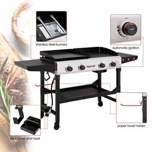 Royal Gourmet GD403 4-Burner Portable Flat Top Gas Griddle Combo Grill with Folding Legs, 48,000 BTU, for Outdoor Cooking While Camping or Tailgating, Black & Silver