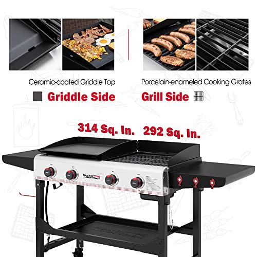 Royal Gourmet GD403 4-Burner Portable Flat Top Gas Griddle Combo Grill with Folding Legs, 48,000 BTU, for Outdoor Cooking While Camping or Tailgating, Black & Silver