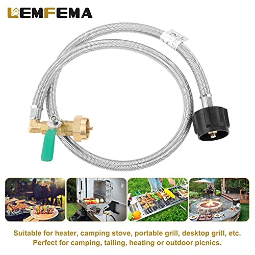 Lemfema Propane Refill Adapter Hose, 36" Stainless Braided QCC1 Type Inlet Propane Refill Adapter Extension Hose with ON/Off Control Valve for 1LB Propane Gas Tank 350PSI High Pressure Camping