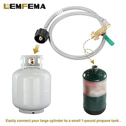 Lemfema Propane Refill Adapter Hose, 36" Stainless Braided QCC1 Type Inlet Propane Refill Adapter Extension Hose with ON/Off Control Valve for 1LB Propane Gas Tank 350PSI High Pressure Camping