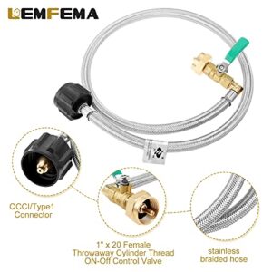 Lemfema Propane Refill Adapter Hose, 36" Stainless Braided QCC1 Type Inlet Propane Refill Adapter Extension Hose with ON/Off Control Valve for 1LB Propane Gas Tank 350PSI High Pressure Camping