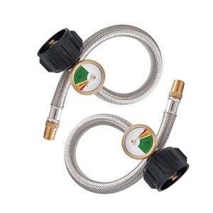 gasland 12 inch rv propane hose with gauge, inverted stainless braided propane pigtail hose for standard 2-stage regulator, propane tank connector 1/4″ male npt & qcc-1, 2 pack