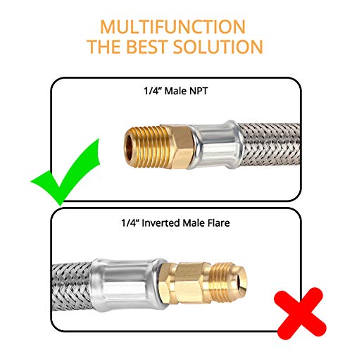 GASLAND 12 Inch RV Propane Hose with Gauge, Inverted Stainless Braided Propane Pigtail Hose for Standard 2-Stage Regulator, Propane Tank Connector 1/4" Male NPT & QCC-1, 2 Pack