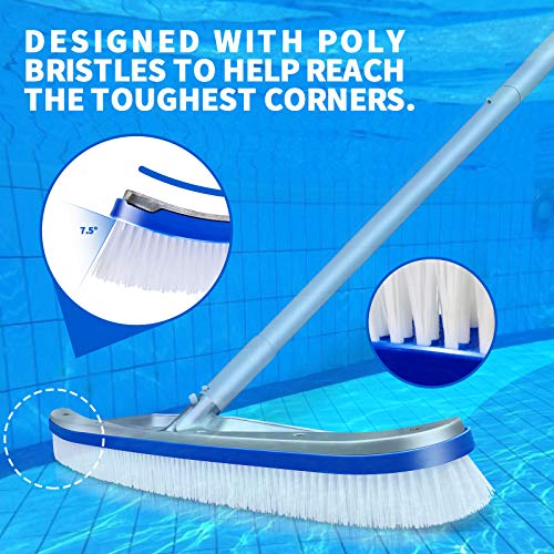 Topmart Swimming Pool Brush Set,18" Pool Brush Head with 4-Section Aluminum Pole and Hand Sponge Brush,Pool Scrub Brush with EZ Clips,Pool Brushes for Cleaning Pool Wall,Tile and Floor