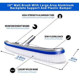 Topmart Swimming Pool Brush Set,18" Pool Brush Head with 4-Section Aluminum Pole and Hand Sponge Brush,Pool Scrub Brush with EZ Clips,Pool Brushes for Cleaning Pool Wall,Tile and Floor