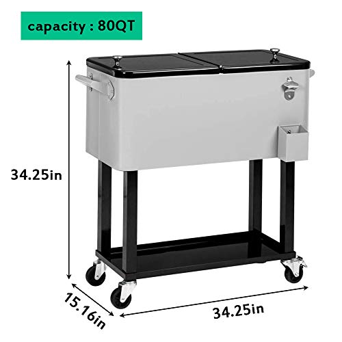 SSLine Portable Rolling Patio Cooler Ice Chest with Wheels Outdoor Cold Drink Beverage Bar Cart with Storage Shelf & Bottle Opener Home Deck Backyard Party Cooler Tub Trolley Cart -Grey