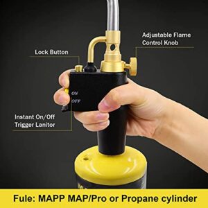 High Intensity Propane Torch Head, Trigger Start Mapp/Map Gas Torch with Self Ignition & Brass Knob, Pencil Flame Welding Torch Fuel by MAPP, MAP/PRO and Propane gas（CSA Certified )