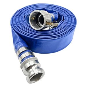 poolzilla 1.5″ x 100′ flat industrial blue pvc backwash hose with aluminum camlock with c & e fittings, heavy duty reinforced pump backwash hose for swimming pools & spas, 90 psi max pressure