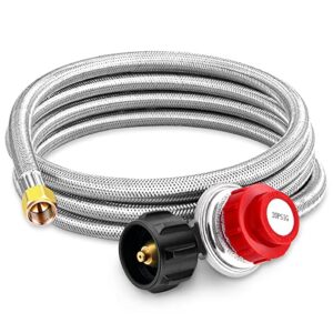 Kohree 8 FT High Pressure Propane 20 PSI Adjustable Regulator with Hose Stainless Steel Braided QCC-1 Type Connection for Turkey Fryer, Firepit, Newer U.S. 5-40lb Propane Gas Tanks, Cooker