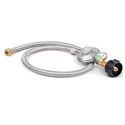GasSaf 3FT Propane Regulator with Hose,Stainless Steel Braided Propane Gas Regulators and Gauges Suitable for Most LP Gas Grill, Heater and Fire Pit Table