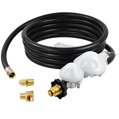 12 FT Propane Hose with Regulator Compatible with mr heater F273684 buddy heaters, Two Stage Propane Regulator with Hose for RV, Gill, Gas Stove, Gas Generator, 3/8in Female x 3/8in Male Street Elbow.