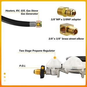 12 FT Propane Hose with Regulator Compatible with mr heater F273684 buddy heaters, Two Stage Propane Regulator with Hose for RV, Gill, Gas Stove, Gas Generator, 3/8in Female x 3/8in Male Street Elbow.