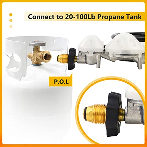 12 FT Propane Hose with Regulator Compatible with mr heater F273684 buddy heaters, Two Stage Propane Regulator with Hose for RV, Gill, Gas Stove, Gas Generator, 3/8in Female x 3/8in Male Street Elbow.