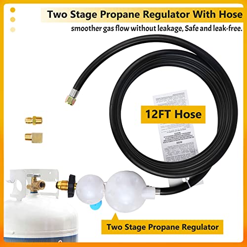 12 FT Propane Hose with Regulator Compatible with mr heater F273684 buddy heaters, Two Stage Propane Regulator with Hose for RV, Gill, Gas Stove, Gas Generator, 3/8in Female x 3/8in Male Street Elbow.