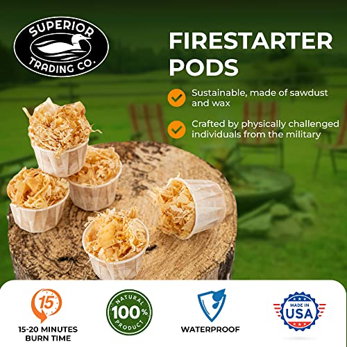 Superior Trading Fire Starter Pods in Travel Packs - Fire Starters for Campfires, BBQ, Grill, Pit, Wood Stove & Charcoal Starter, 15-20-Min Burn, 40 Extra Large Pods, USA Made, Brown, 3.5 Lbs